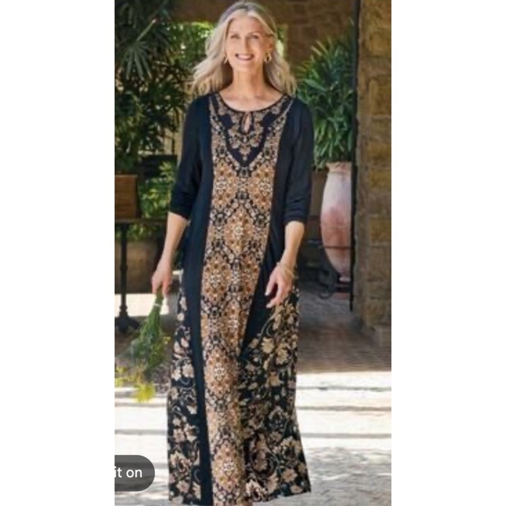 NWT Soft Surroundings Priska Maxi Dress Black Mixed Media Metallics Sequined PS